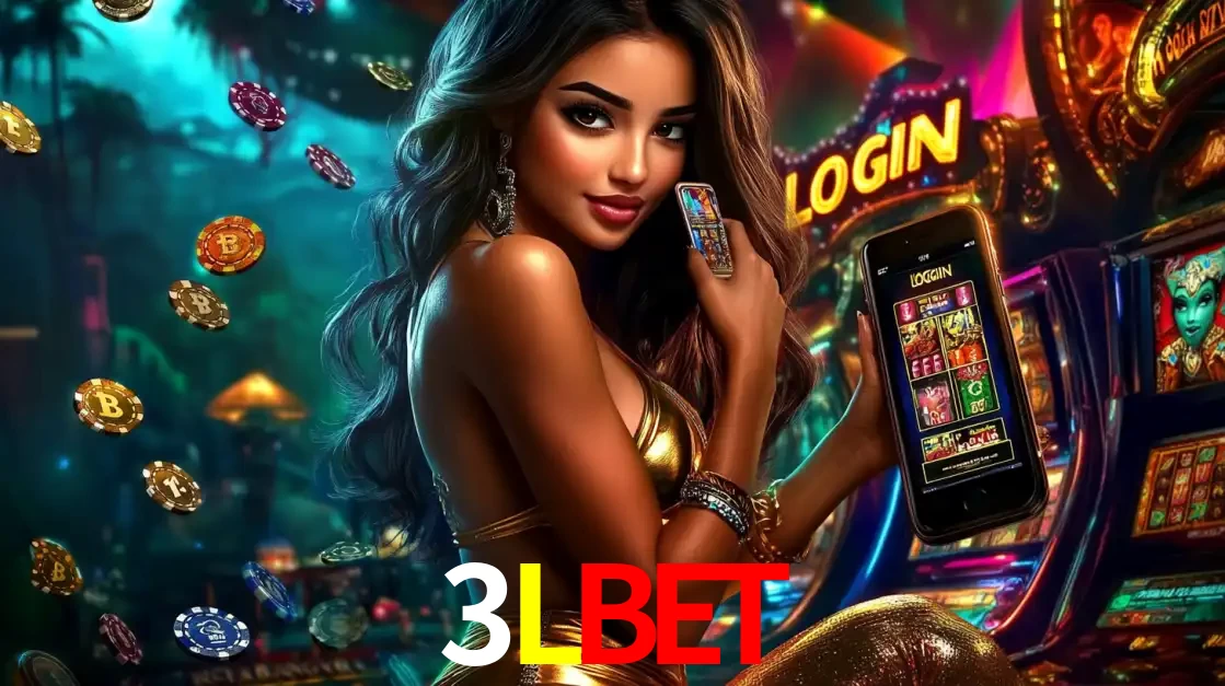 Mulher em um cenário de cassino temático de aventura, mostrando o app de caça-níqueis da 3LBET no celular. Fichas de apostas flutuam ao redor.