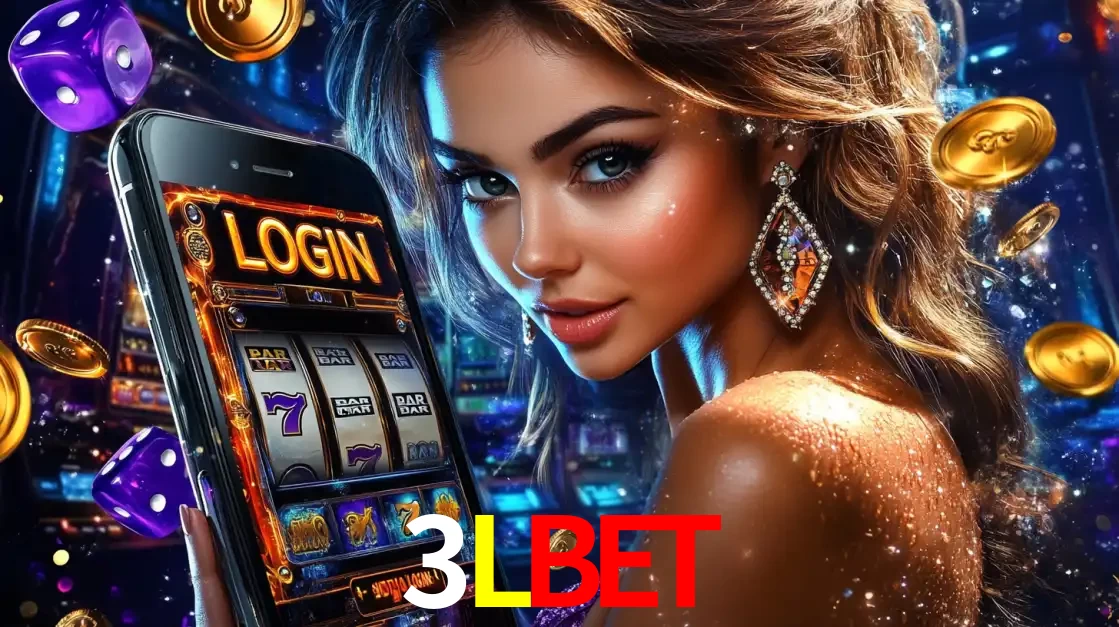 Mulher glamorosa segurando um smartphone com a tela de login para os jogos de caça-níqueis do cassino online 3LBET, com moedas de ouro e dados ao redor.