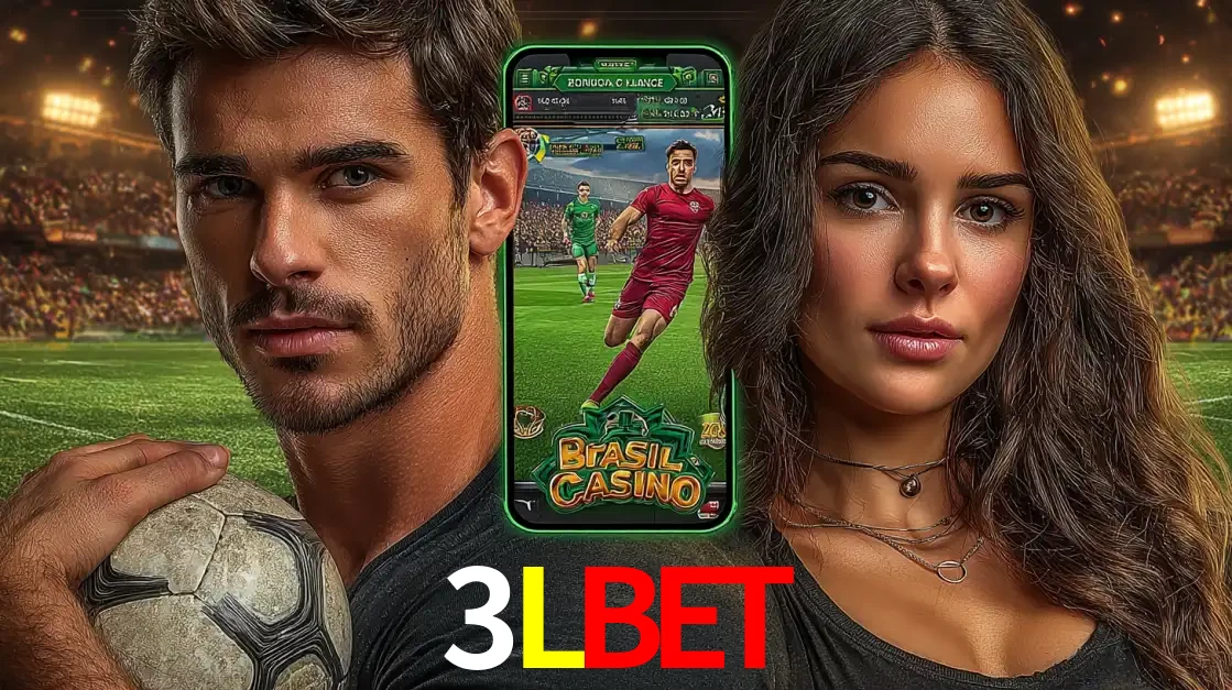 Homem segurando uma bola de futebol e uma mulher ao lado de um smartphone exibindo o jogo de apostas esportivas da 3LBET. Faça seu palpite no cassino online.
